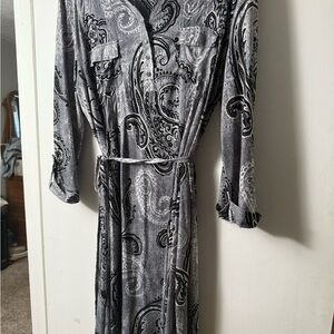 Paisley Patterned A-line dress with fabric tie and silver accent buttons.